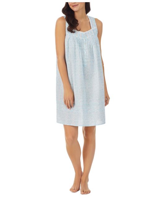 Eileen West Blue Sleeveless Floral Lace-trim Nightgown