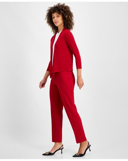 Kasper Red Open-front 3/4-sleeve Cardigan