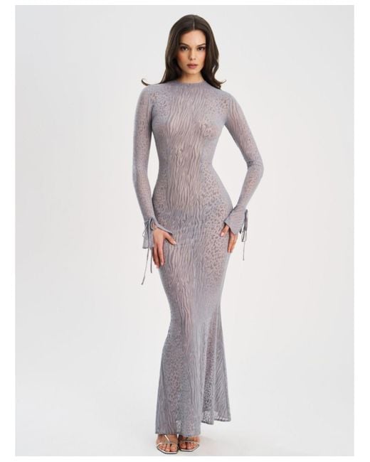 Miss Circle White Waylynn Gray Animal Print Burnout Velvet Detail Mesh Backless Maxi Dress