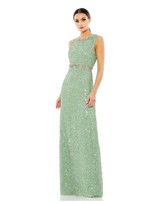 Mac Duggal Green Sequined Sleeveless Embellished Neckline Gown