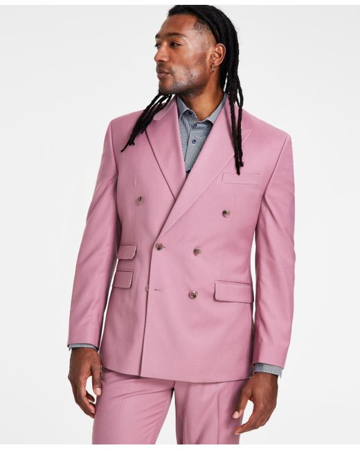 Tayion Collection Pink Classic-fit Solid Double-breasted Suit Jacket for men