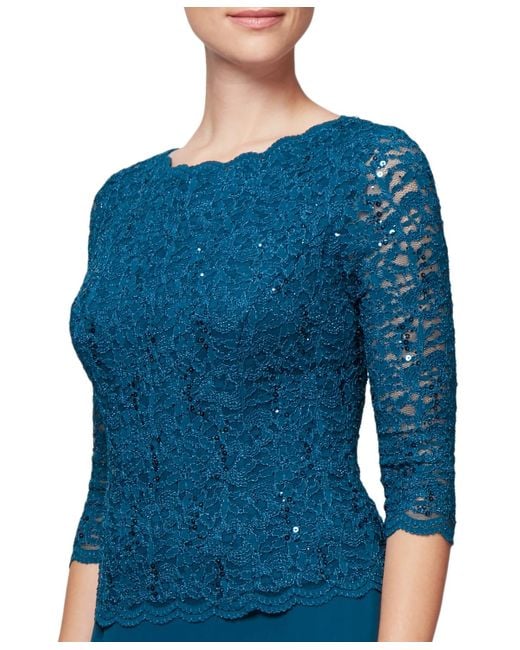 Alex Evenings Blue Sequin Embellished Lace Top Gown