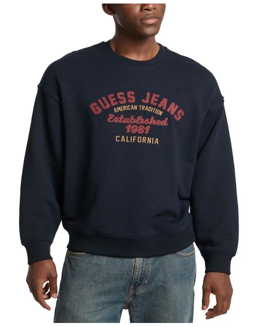 Guess Men's Blue Relaxed Fit Vintage Long Sleeve Logo Graphic