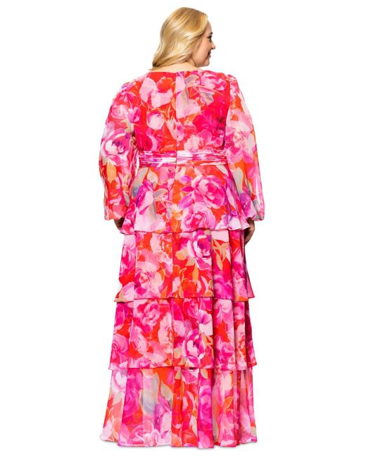 Cap Sleeves V-neck Chiffon Dress with Slit Fuchsia Plus Size