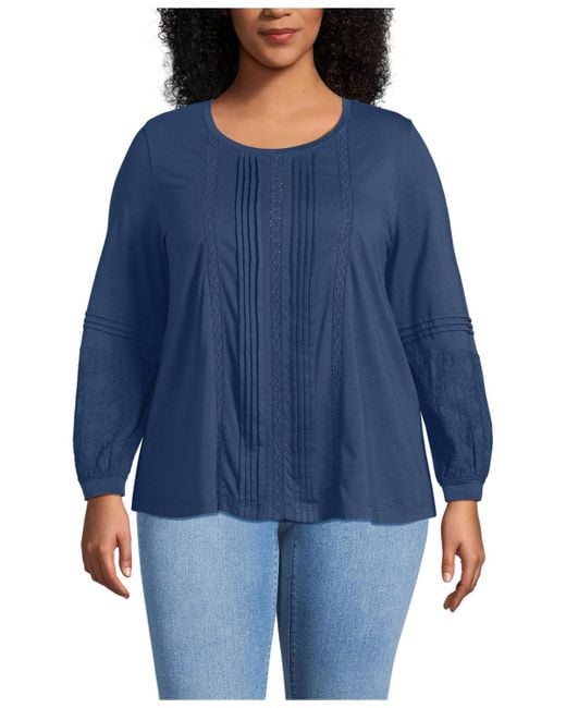 Lands' End Blue Plus Size Lightweight Jersey Lace Mix Long Sleeve Pintuck Top