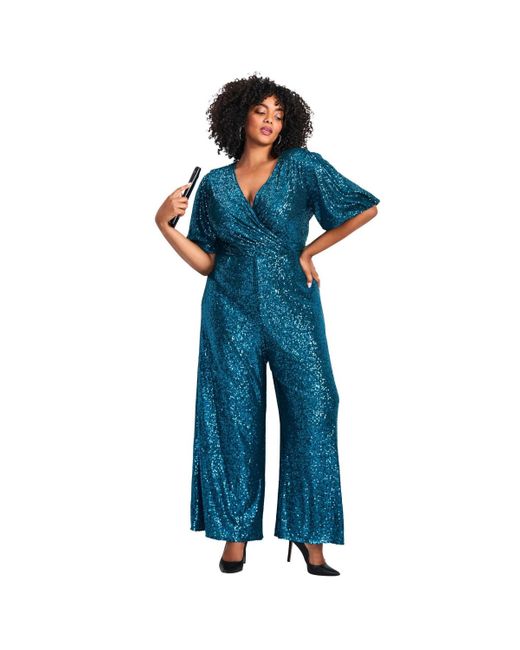Avenue Women's Blue Nada Sequin Puff Sleeve Jumpsuit