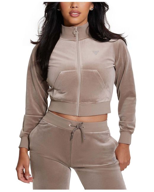 Guess Couture Embellished Full-zip Cropped Sweatshirt in Brown | Lyst