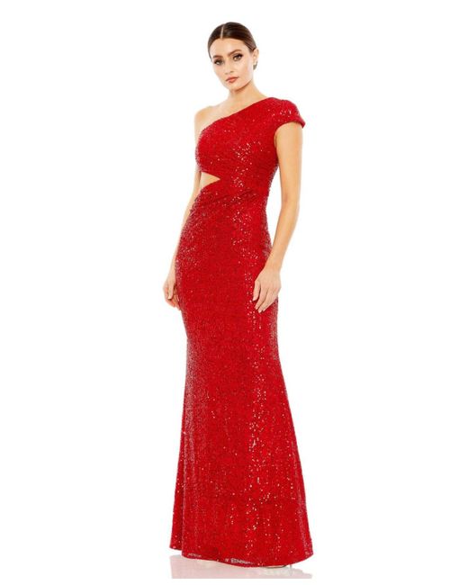 Mac Duggal Red Ieena Sequined One Shoulder Cap Sleeve Cut Out Gown