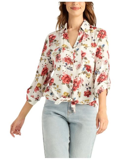 Bcx White Printed Collared Button-up Top