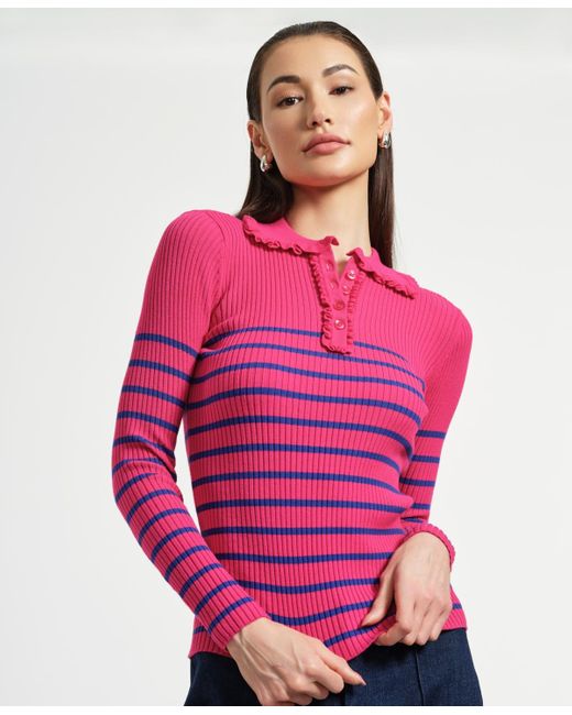 Isaac Mizrahi New York Pink Ruffle Neck Henley Sweater