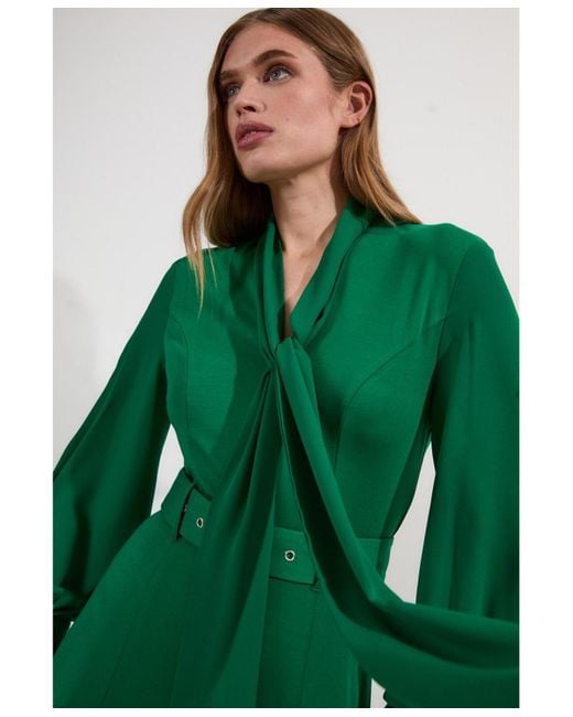 Karen Millen Jersey Ponte Georgette Mix Midi Dress in Green | Lyst