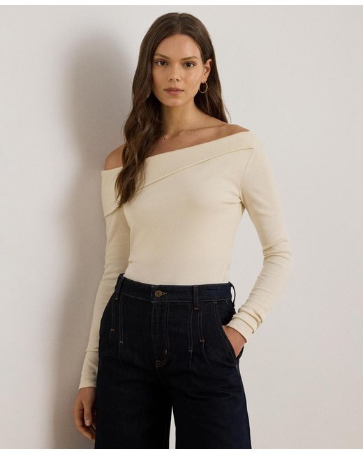 Ralph Lauren Natural Ribbed Asymmetrical Off-the-shoulder Top