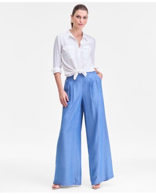 INC International Concepts Blue High-rise Pleated Pull-on Wide-leg Pants