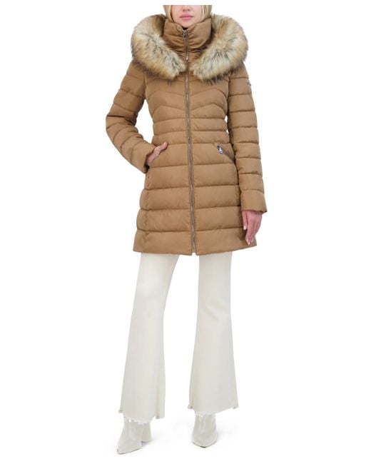Laundry by Shelli Segal Faux fur trim Hooded Puffer Coat in Natural Lyst
