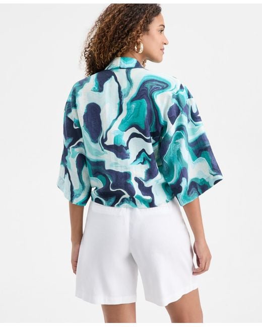 INC International Concepts Blue Printed Tie-hem Top