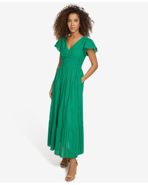 Kensie Green Textured Eyelet-embroidered Maxi Dress