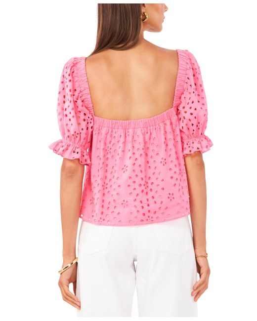 1.STATE Pink Eyelet Puff-sleeve Square Neck Top