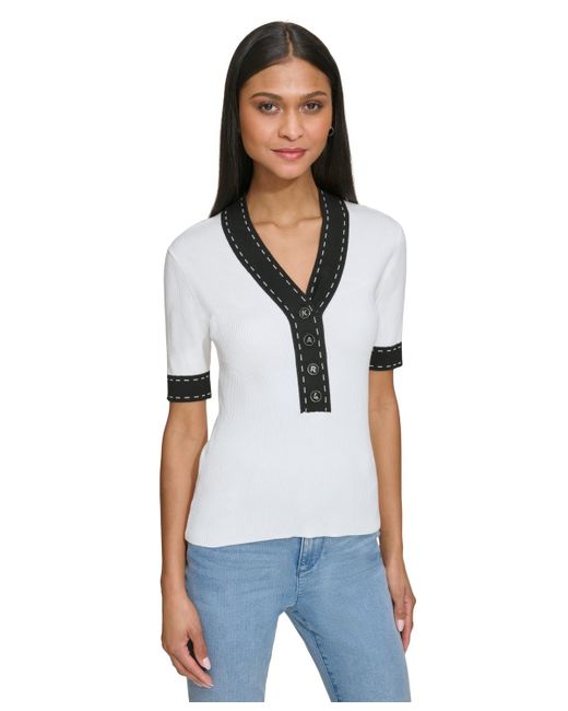 Karl Lagerfeld White Contrast-trim Short-sleeve Ribbed Sweater