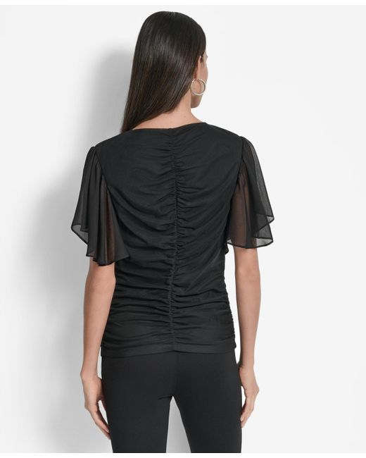 DKNY Black Center-ruched Flutter-sleeve Top
