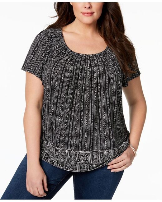 Style & Co. Black Plus Size Print Pleated-neck Top, Created For Macy's