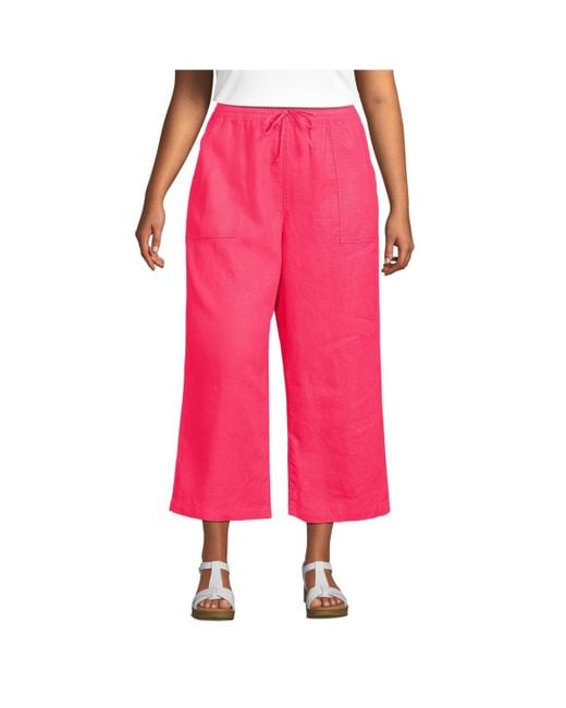 Lands' End Pink Plus Size High Rise Drawstring Linen Wide Leg Crop Pants