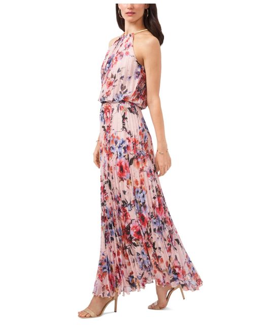 Msk Pink Floral Print Pleated Dress