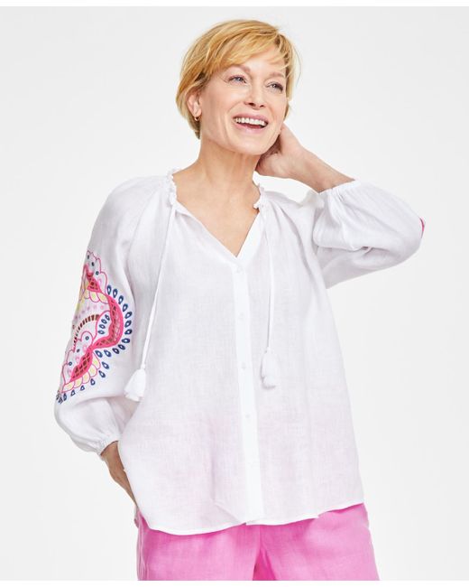 Charter Club White 100% Linen Embroidered-sleeve Peasant Top