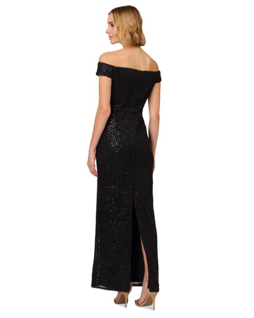 Adrianna Papell Black Corded Off-the-shoulder Sequin Gown
