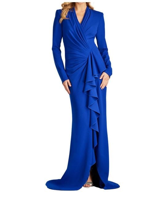 Tadashi Shoji Women's Blue Markum Long-sleeve Flounce Gown Tadashi Shoji Women's Blue Markum Long-sleeve Flounce Gown