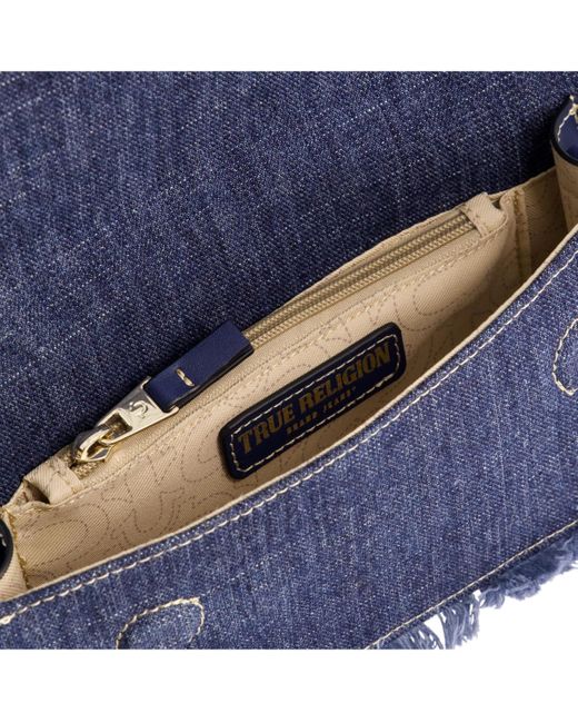 True Religion Blue Frayed Denim Flap Bag