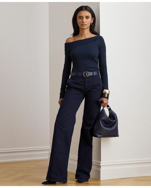 Ralph Lauren Blue Ribbed Asymmetrical Off-the-shoulder Top
