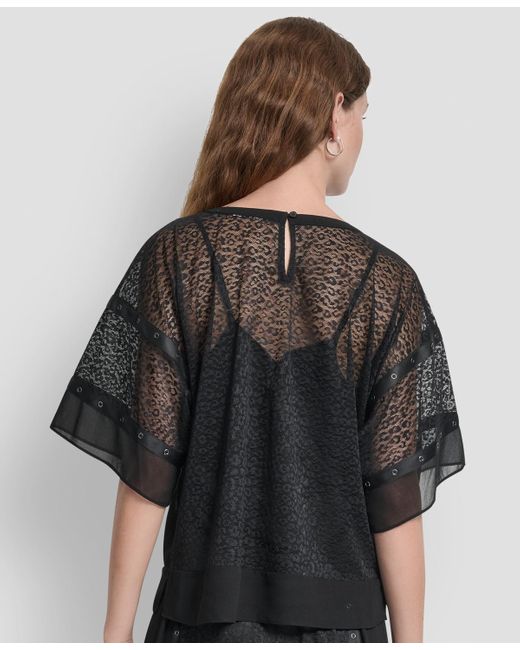 DKNY Black Leopard Mesh Short Sleeve Flowy Box Top