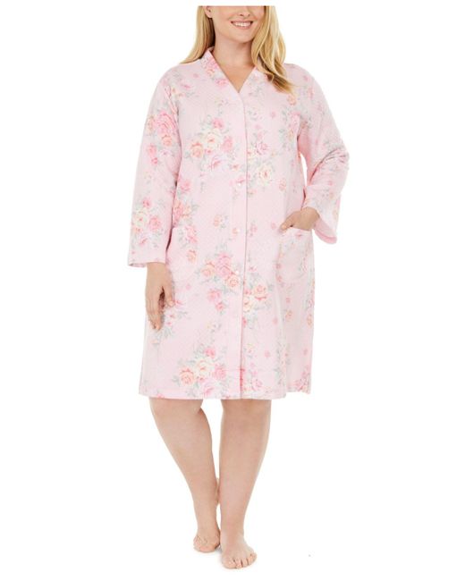 Miss Elaine Pink Plus Size Floral-print Quilted Snap Robe