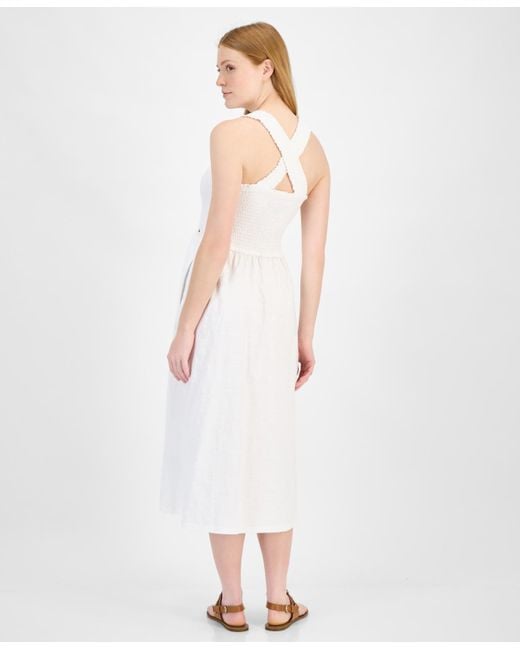 Tommy Hilfiger White Cotton Smocked Sleeveless Midi Dress