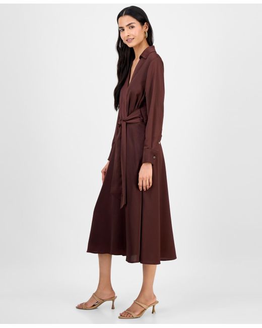 Tahari Collared V-neck Tie-waist Midi Dress