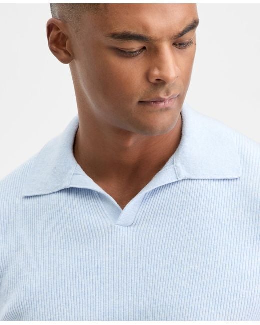 Alfani Blue Long Sleeve Ribbed Johnny Collar Polo Sweater for men