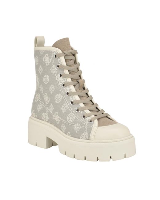 Guess White Shutter Lace-up Logo Pattern Combat Boots