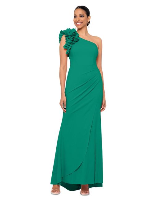 Xscape Green Ruffled One-shoulder Gown