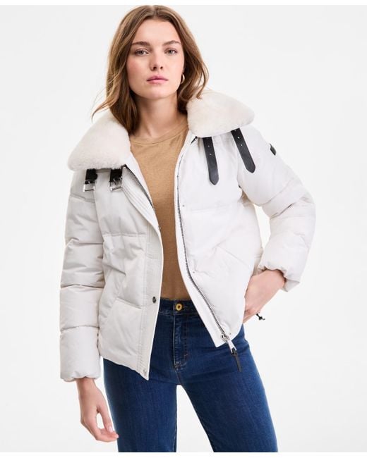 DKNY Blue Faux-fur-collar Zip-front Puffer Coat