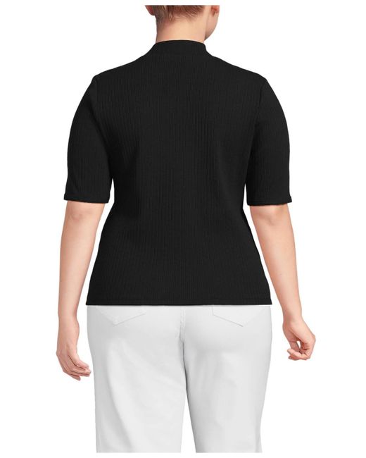 Lands' End Black Plus Size Elbow Sleeve Pointelle Rib Mock Neck