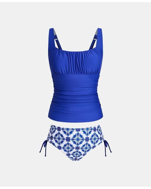 CUPSHE Blue Square Neck Ruching Side Drawstring Tankini Sets