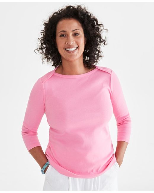 Style & Co. Pink Pima Cotton 3/4-sleeve Boat-neck Top
