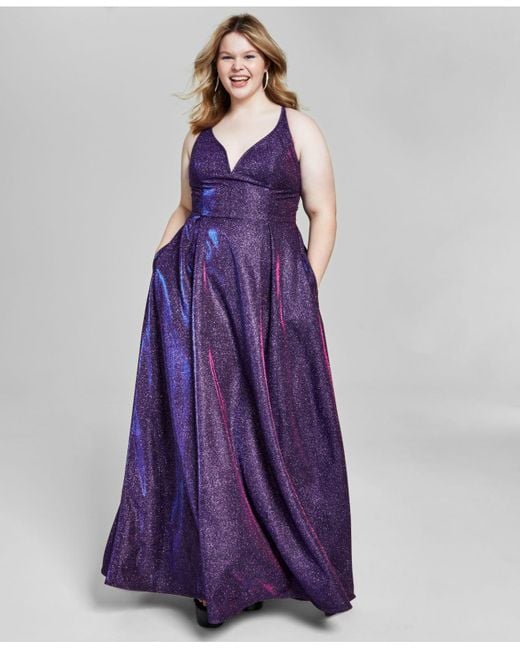 City Studios Trendy Plus Size Metallic A-line Gown in Purple