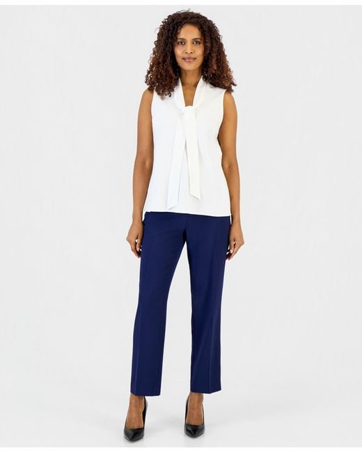Kasper White Womens Tie Neck Blouse