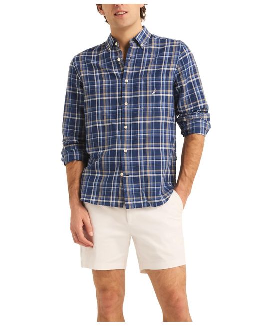 Nautica Blue Classic-fit Linen-blend Plaid Long-sleeve Shirt for men