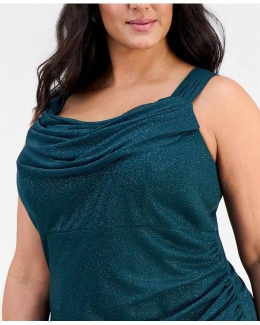 Alex Evenings Blue Plus Size Cowlneck Ruched Glitter Gown