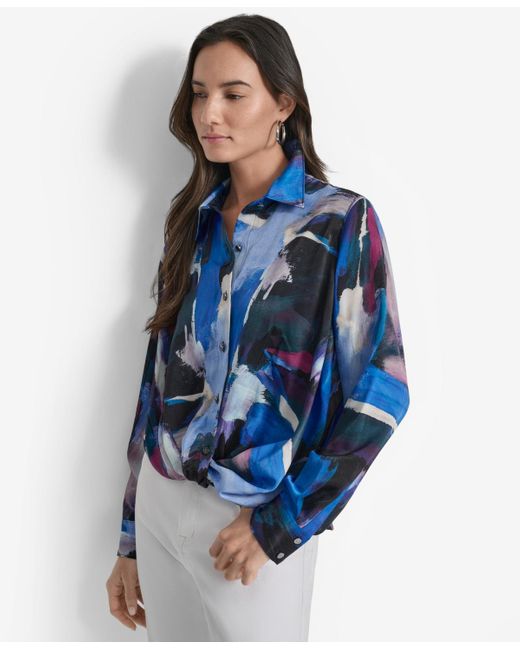 DKNY Blue Printed Long-sleeve Twist-front Blouse
