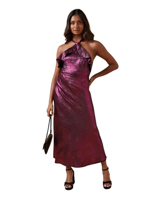 Oasis Red Foil Halterneck Ruffle Foil Midaxi Dress
