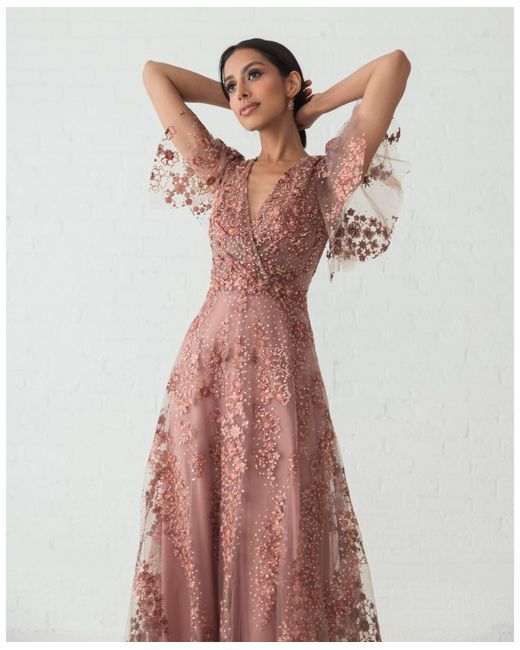 Mac Duggal Embroidered Flutter Sleeve A Line V Neck Dress in Pink | Lyst