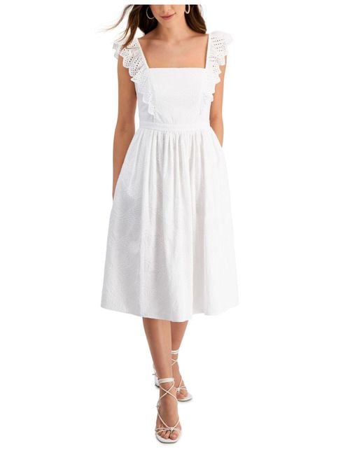 Kensie White Embroidered Flutter-sleeve Midi Dress